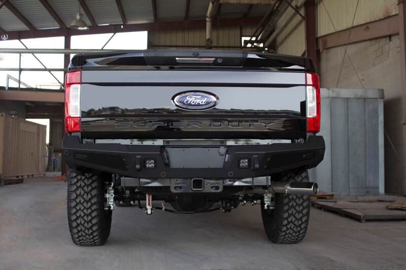 Ford F-250 Rear Bumper - Addictive Desert Designs - HoneyBadger with Lockable Tool Boxes, Backup Sensor Cutouts, and D-Ring Clevis Mounts - Hammer Black and Satin Black - `17-`27